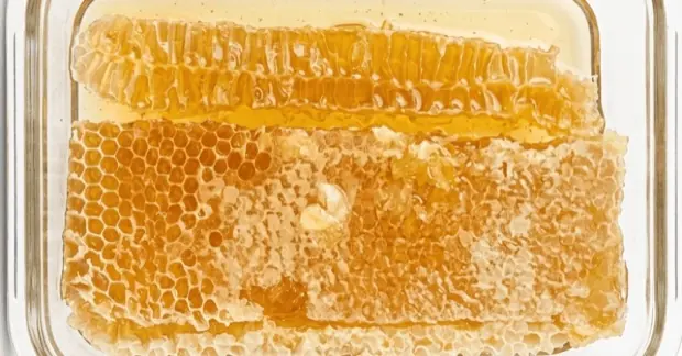 Comb honey in a box: honey still in the bees' capped wax cells